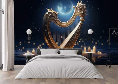 Under a starry sky, an ornate harp gleams in the moon's glow, symbolizing enchantment and celestial melodies Wall mural