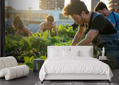 Urban gardeners evade the midday heat by tending to rooftop vegetable patches in the early hours Wall mural