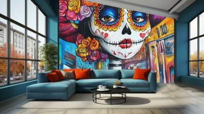 Vibrant Street Art Mural Depicting Day of the Dead Celebration   Wall mural