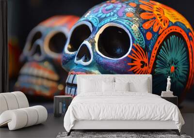 Vibrant Traditional Sugar Skulls Close-Up for Day of the Dead Celebrations Wall mural