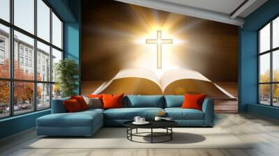 Bible with cross shaped pendant on wooden slatted table front Wall mural