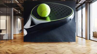 black and white paddle racket and ball on black background Wall mural