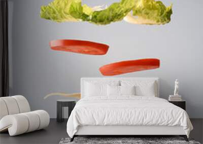 Classic beef burger floating in parts on gray background Wall mural