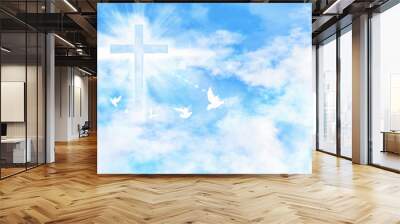 cloudy blue sky with cross and doves flying Wall mural