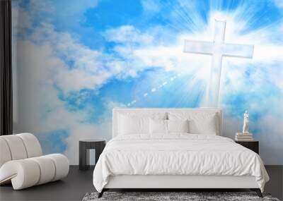 Cloudy blue sky with cross and glare Wall mural