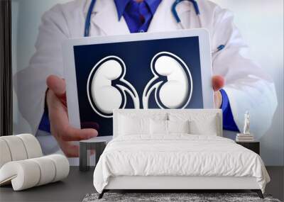 Doctor showing a kidney on a tablet in front closeup Wall mural