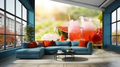 Glass and pitcher with natural watermelon drink with nature background Wall mural