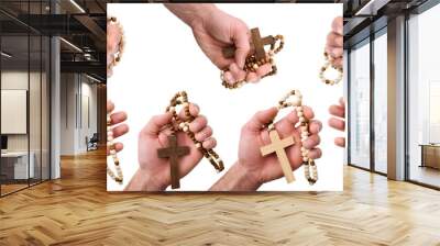 Set of hands holding a cross with wooden bead chain Wall mural