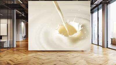 Stream of milk falling on milk background and splashing drops Wall mural