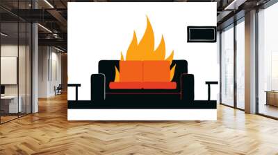 cartoon black burning sofa, settee, couch in living room on fire, danger, emergency, flames Wall mural