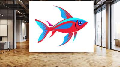 vibrant, colorful illustration of neon tetra fish with red, blue hues Wall mural