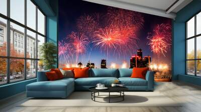 White Fireworks going off during the Detroit Ford Fireworks as seen from the riverwalk in Windsor, Ontario Wall mural