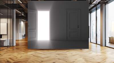 3d render open door shine in dark room Wall mural