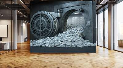 3d render Opening Of The Vault Door In Bank with a lot of money Wall mural