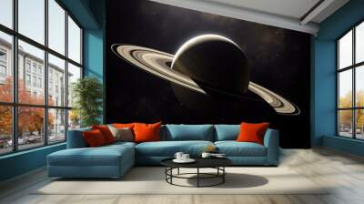 the planet saturn is in a dark starry sky Wall mural