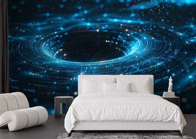  glowing blue digital network lines and dots on black background Wall mural