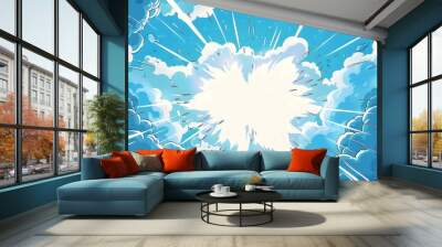 Abstract comic book style background with a blue and white color scheme, a cartoon explosion cloud design with copy space Wall mural