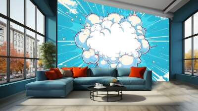 Abstract comic book style background with a blue and white color scheme, a cartoon explosion cloud design with copy space Wall mural