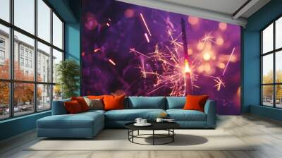 Colorful festive firework in summer party / silvester new year, isolated on dark purple texture, with copy space Wall mural