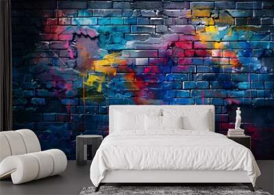 Colorful graffiti on a dark brick wall background. Vibrant multicolored neon paint dripping down the old bricks Wall mural