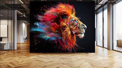 Colorful lion head with splash paint isolated on a black background Wall mural