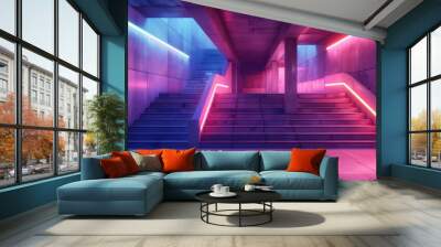 concrete stairs with neon lights Wall mural