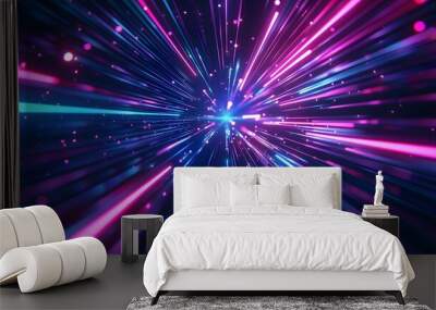 Vibrant neon light rays background, glowing blue and purple lines in space tunnel Wall mural