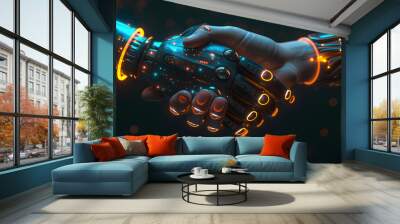 Human and Robot Handshake Representing AI Collaboration. A graphic representation of a handshake between a human hand and a robotic hand, symbolizing the harmonious partnership between humans and arti Wall mural