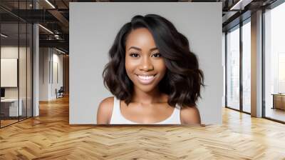 Black African American young woman portrait with brown middle wavy hair hairstyle on empty grey background. Copy space for product placement. Generative AI Wall mural