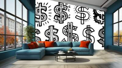 Collection of Vector Doodle Dollar Signs in Various Styles, Creative Hand-Drawn Currency Symbols Wall mural