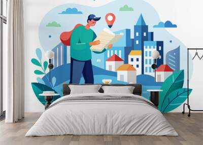 Man Exploring a City with a Map with Abstract Background - Vector Illustration Wall mural