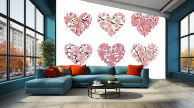 Set of Six Flat Vector Watercolor Hearts Made of Flowers | Floral Heart Illustrations For Love Theme Projects | Pink Botanical Collection Wall mural