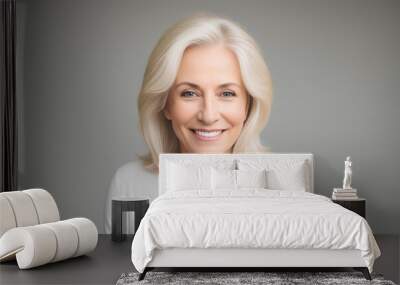 White adult woman with blond hair on grey empty background with copy space. Portrait. Generative AI Wall mural