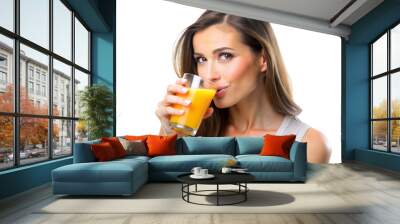 Woman drinking orange juice isolated on transparent background, healthy drink and vitamin boost Wall mural