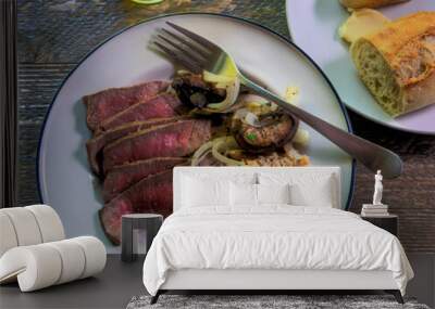 Top View London Broil Dinner on natural wood Surface Wall mural