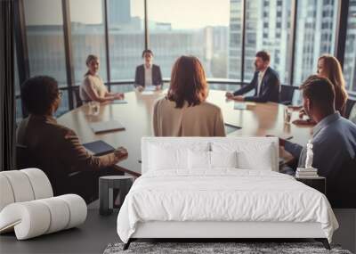 Female CEO in a boardroom meeting with her team of regional managers, woman leadership in workplace generative AI Wall mural