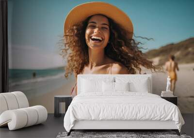 Happy smiling woman on beach holiday, wearing sun dress and hat clear sunny summer day with blue skies AI generated Wall mural