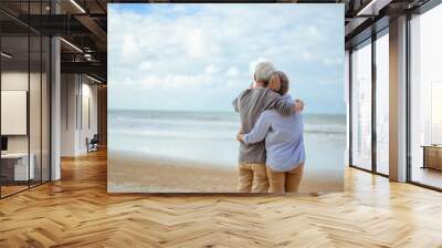 A senior couple hugged each other at the beach in the morning. The old man pointed the finger to the old woman to look at the bright blue sky, life insurance plan at the retirement concept. Wall mural