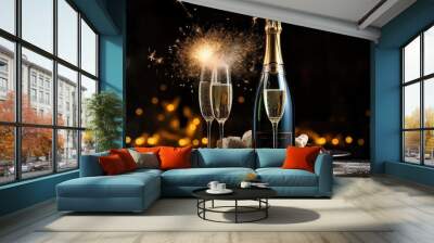 celebration, christmas, bubble, drink, gold, luxury, wine, alcohol, champagne, event. anniversary party is coming celebrate. luxury champagne put on night dinner with candle and bunch of flowers. Wall mural