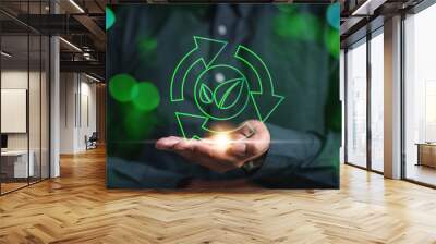 environmental, recycling, ecosystem, sustainable, economy, economic, renewable, reuse, reusable, reduce. in hand recycle symbol is showing. environment and ecosystem for sustainable. green eco. Wall mural