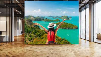 Backpack traveler woman on top group of island joy view beautiful nature scenic landscape, Adventure lifestyle landmark tourist travel Samui Thailand summer holiday vacation, Tourism destination Asia Wall mural