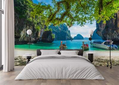 beautiful nature scenic landscape koh lao lading island beach with boats for traveler, famous place  Wall mural