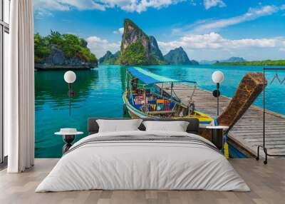 Beautiful nature scenic landscape Phang-Nga bay with wooden boat moored on pier waiting traveler, Water travel adventure Phuket Thailand, Tourism destination scenery Asia, Summer holiday vacation trip Wall mural