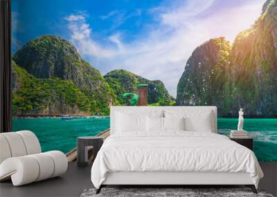 Beautiful nature scenic landscape sea beach Maya bay with boat for traveler Phi Phi island Krabi, Famous landmark tourist travel Phuket Thailand summer vacation trip, Tourism destination place Asia, Wall mural