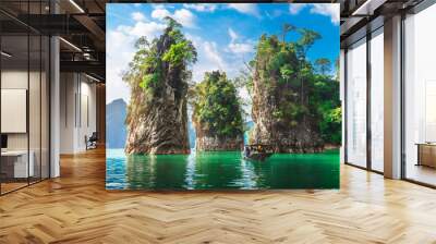 Beautiful nature scenic landscape view rock mountain Khao Sok national park with boat for travelers, Attractive famous popular place in Thailand, Destinations Scenery Asia, Water travel adventure trip Wall mural