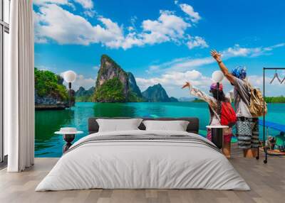 happy couple traveler joy fun beautiful nature scenic landscape phang-nga bay, adventure landmark tr Wall mural