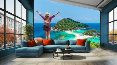 Happy traveler woman joy fun amazed nature scenic landscape Koh Nang Yuan island, Famous attraction landmark tourist travel Thailand summer holiday vacation trip, Tourism beautiful destination Asia Wall mural