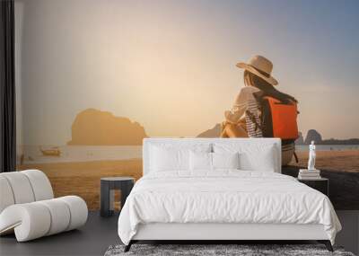 Happy traveler woman joy relaxing on summer vacation at sunset Pak Meng beach, Leisure outdoor lifestyle tourist travel Trang Thailand fun beach, Tourism beautiful destination place Asia holiday trips Wall mural