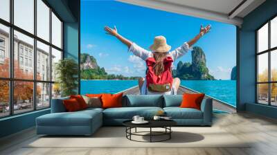 Happy traveler woman on boat joy fun nature view scenic landscape Railay beach Krabi, Attraction famous place tourist travel Phuket Thailand summer holiday vacation trip, Beautiful destination Asia Wall mural