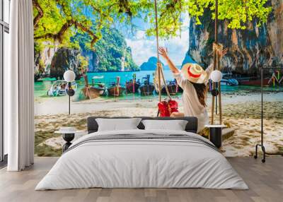 Happy traveler woman on swing joy nature scenic landscape Lao Lading beach island Krabi, Famous place tourist travel Phuket Thailand summer holiday vacation trips, Tourism beautiful destinations Asia Wall mural